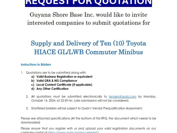 RFQ – Supply and Delivery of Ten (10) Toyota HIACE GL/LWB Commuter Minibus