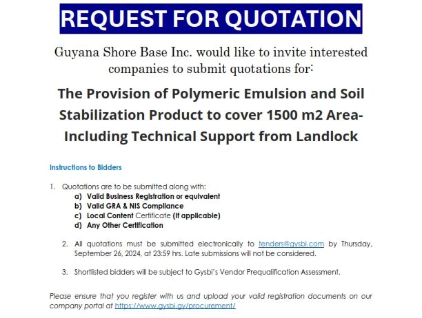 RFQ – The Provision of Polymeric Emulsion and Soil Stabilization Product to cover 1500 m2 Area – Including Technical Support from Landlock